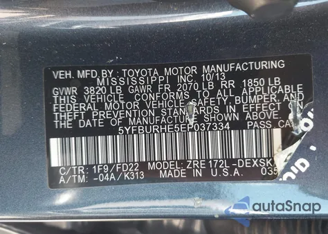 2014 Toyota Corolla S Plus from USA, damaged, VIN 5YFBURHE5EP037334